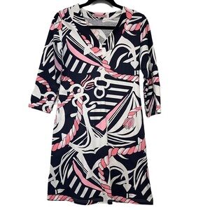 Barbara Gerwit Vintage Pink Navy White Nautical Print V-Neck Shift Dress S